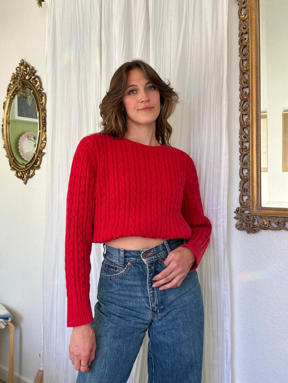Y2K Red Cotton Cable Knit Liz Claiborne Sweater